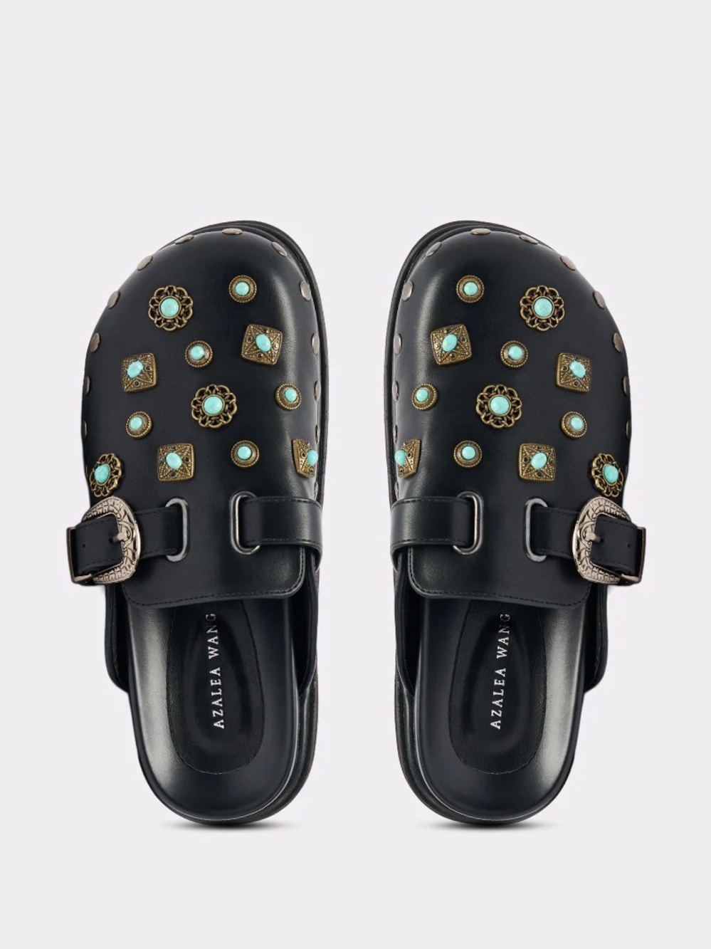 Black Studded Platform Clogs with Turquoise Accents